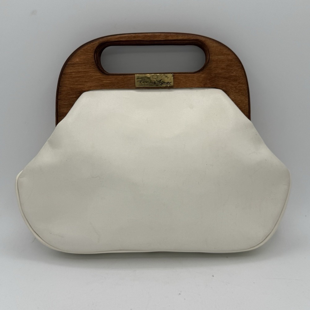 VTG 60s 70s Etienne Aigner White Leather Clutch Handbag Wood Handle Mod Rare